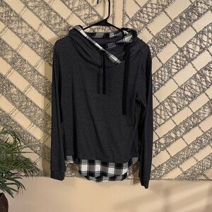 Dark gray, black hair and White Plaid Layered Hoodie